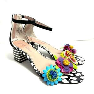 New Betsey Johnson Indy Floral Striped Ankle Strap Low Heels Colorful Size 9